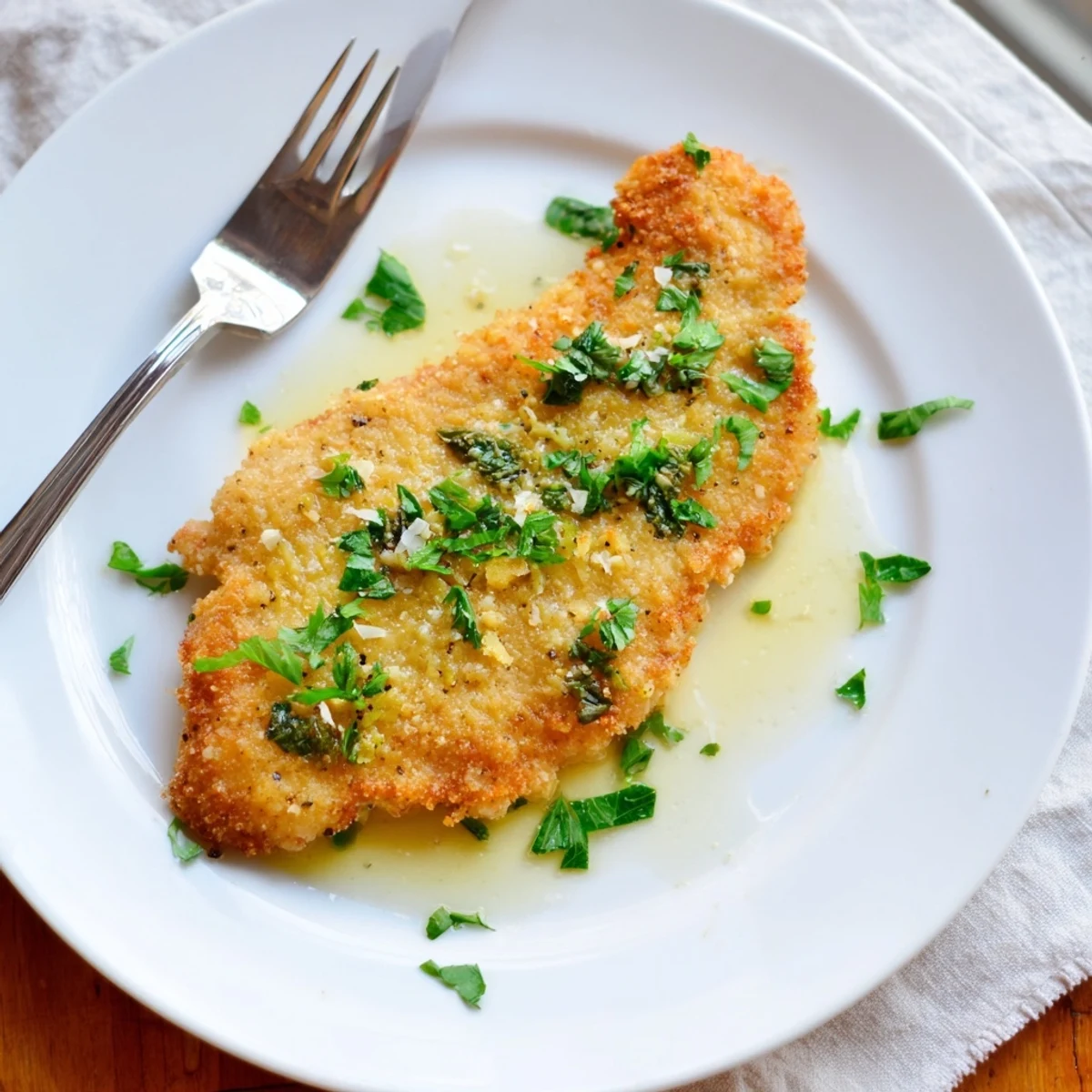 Golden brown Lemon Chicken Romano cutlet drizzled with tangy lemon butter sauce and fresh parsley garnish on a white plate.