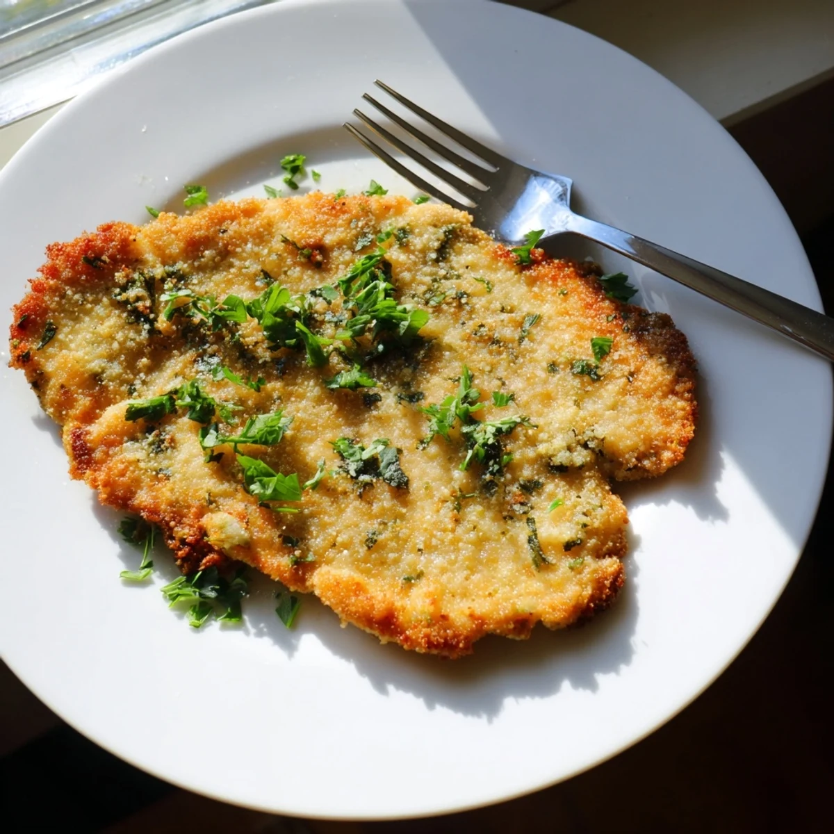 Perfectly fried Lemon Chicken Romano featuring golden Romano cheese crust and bright lemon pan sauce sprinkled with green parsley.