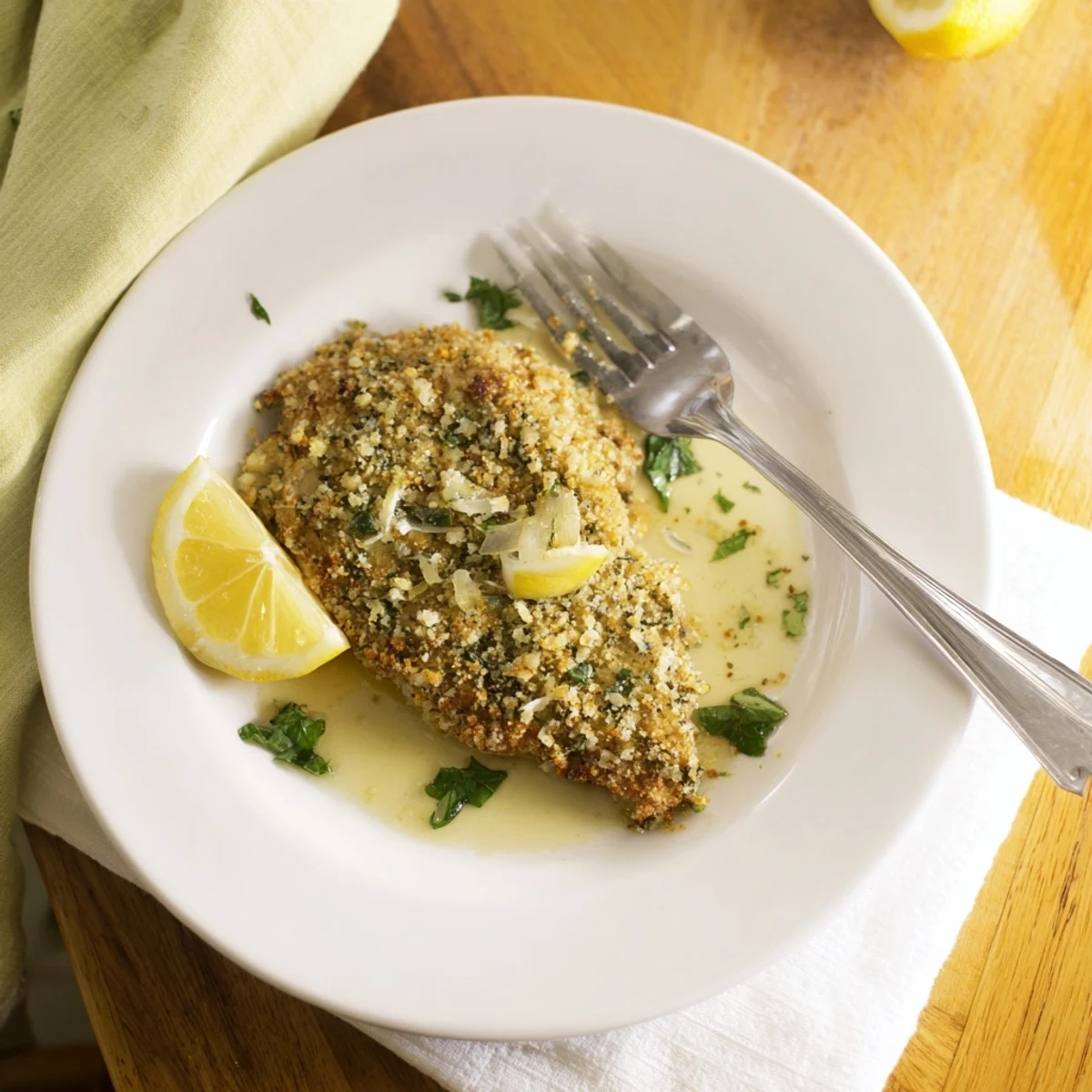 Crispy breaded Lemon Chicken Romano served with zesty garlic lemon sauce alongside pasta or fresh salad for an elegant dinner.