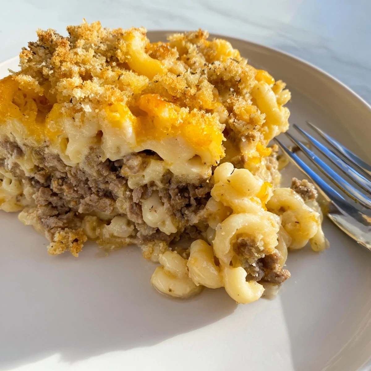 Sliced mac and cheese meatloaf casserole steaming hot with melted sharp cheddar and golden brown crust