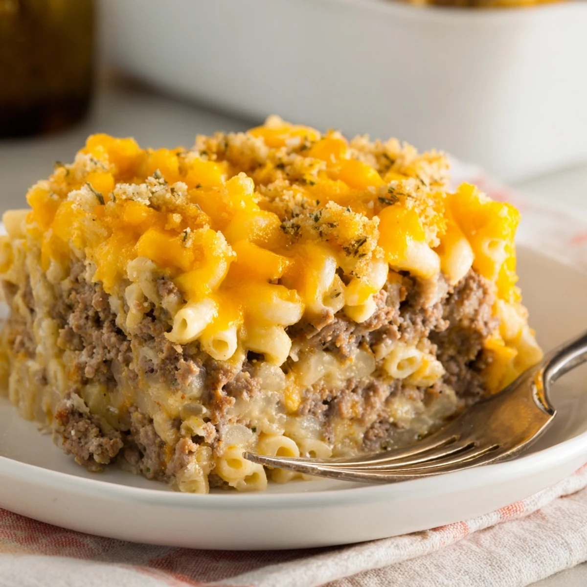Golden baked mac and cheese meatloaf casserole with bubbling cheese topping and crispy breadcrumb garnish