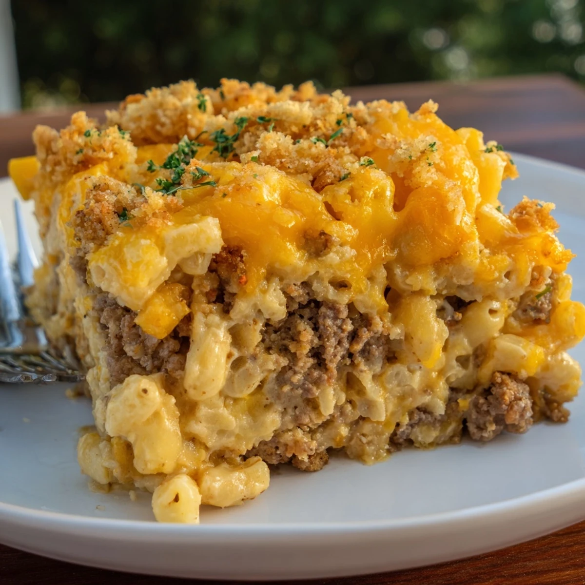Hearty meatloaf base layered with creamy cheddar macaroni in this comforting American casserole dish