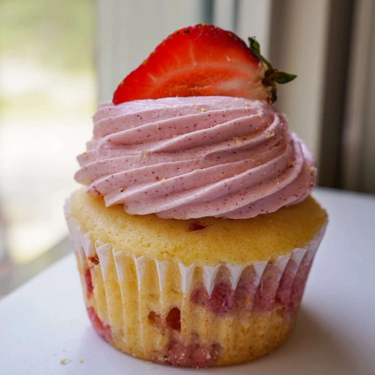 Strawberry lemonade cupcakes with fluffy strawberry cake and swirled pink buttercream topped with fresh strawberry garnish