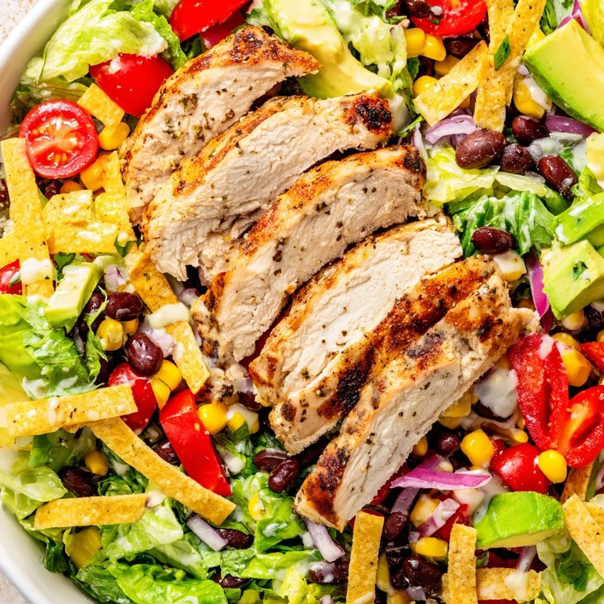 Colorful Southwestern chicken salad bowl with grilled chicken slices, avocado, corn, black beans, and fresh vegetables