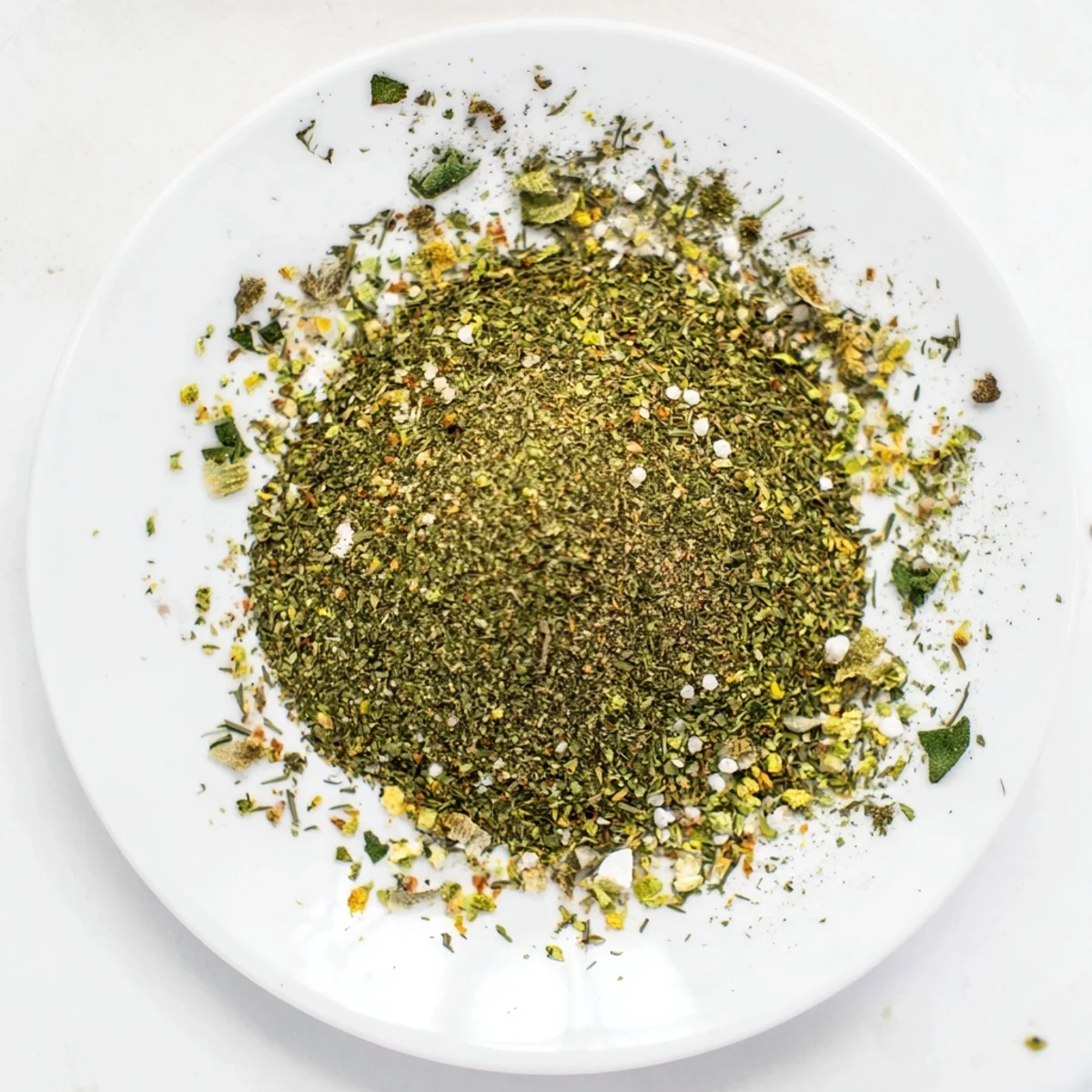 Homemade Dehydrated Tzatziki Seasoning Mix featuring dried dill, mint, garlic powder and parsley in a small glass bowl