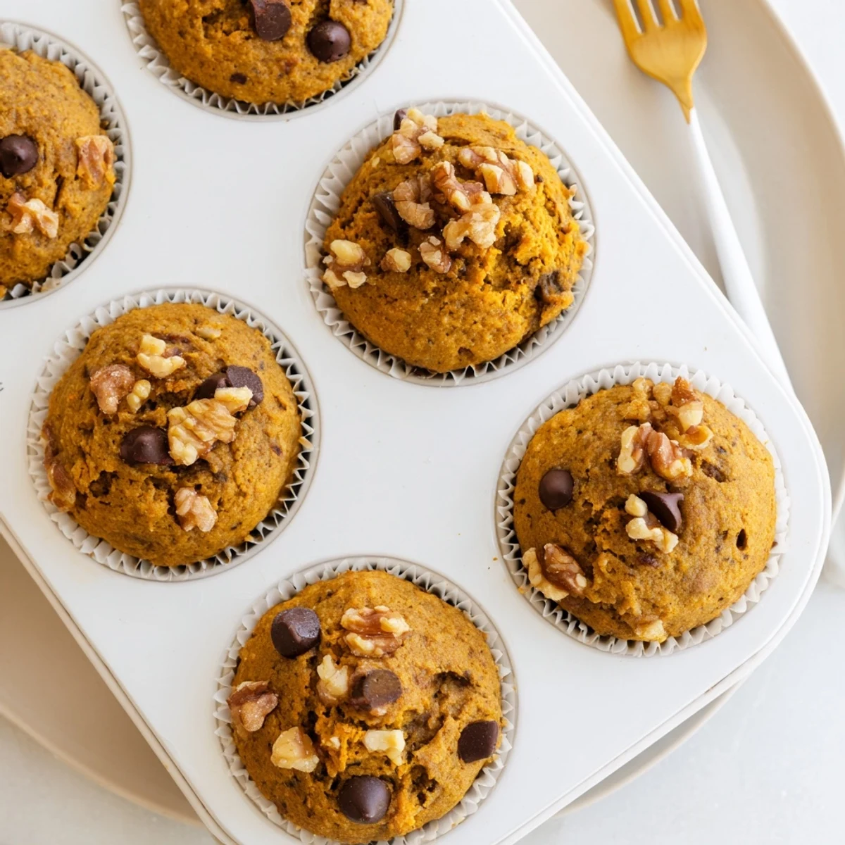 Golden butternut squash banana muffins topped with walnuts on a wooden board
