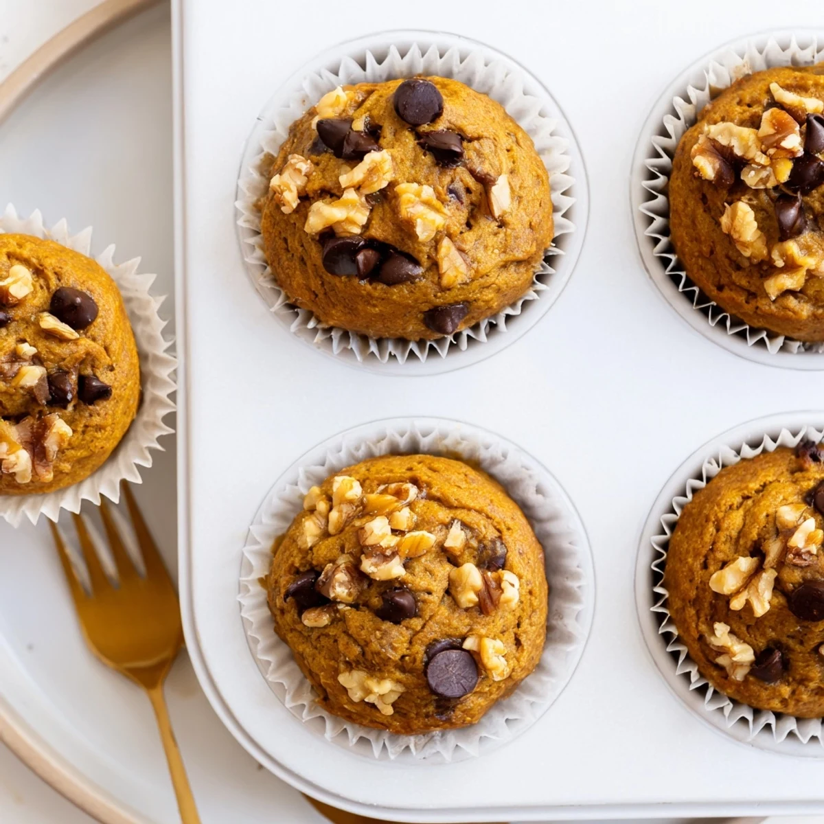 Moist butternut squash banana muffins with chocolate chips cooling on wire rack