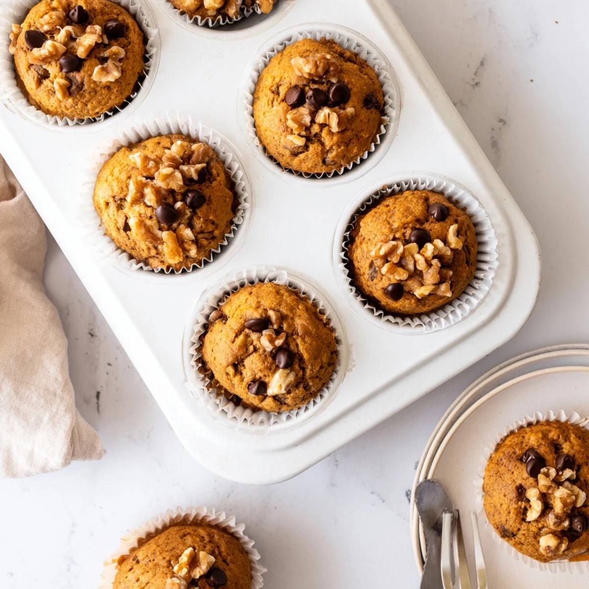 Freshly baked butternut squash banana muffins served warm with melting chocolate chunks