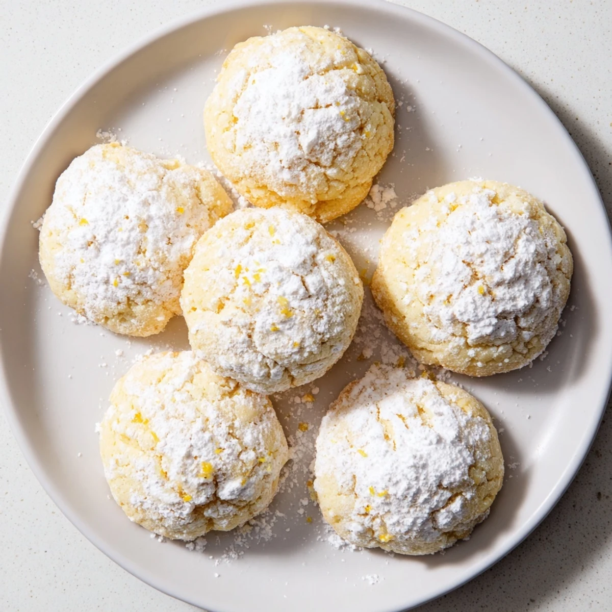 Soft chewy lemon cookies with powdered sugar coating on a wire cooling rack