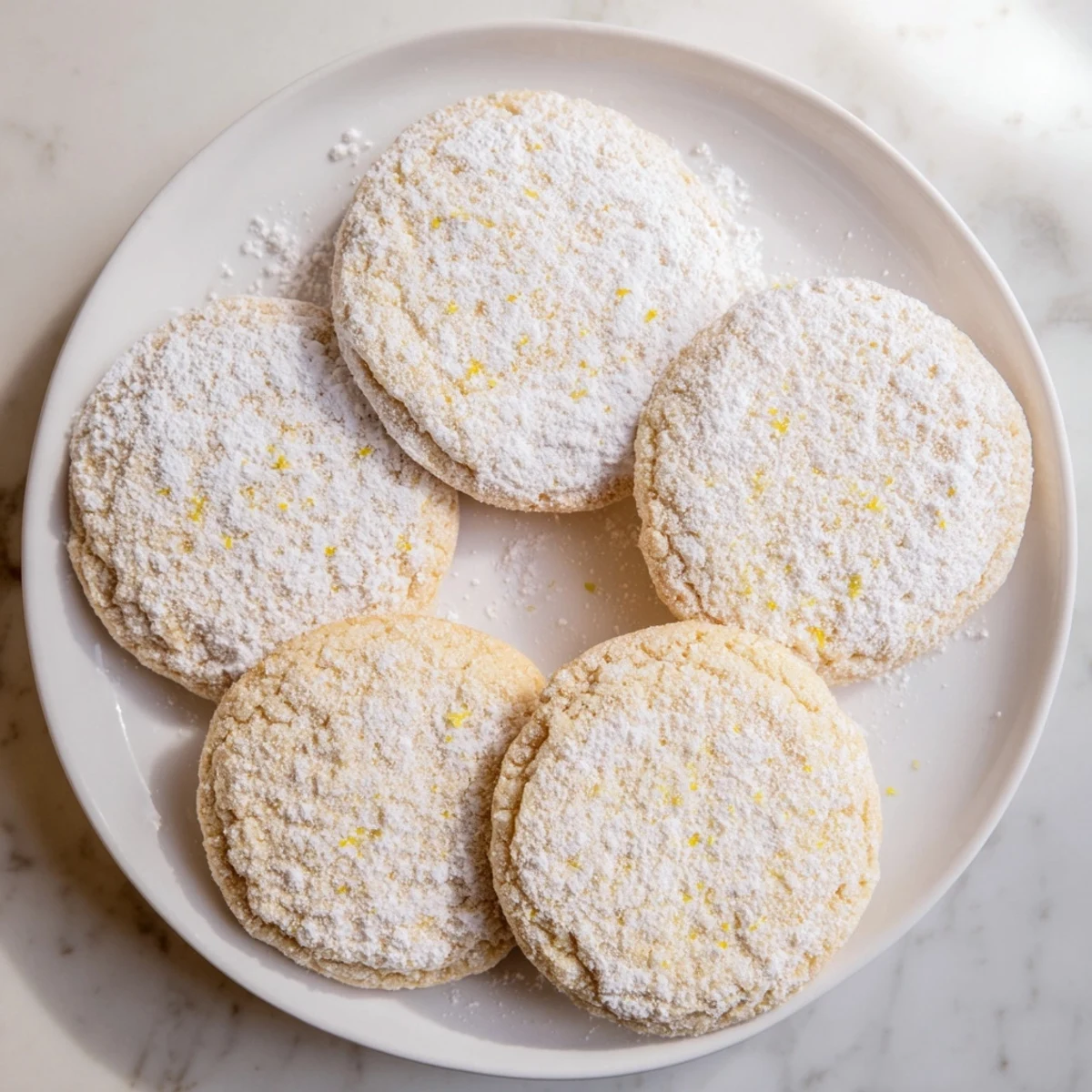 Golden soft chewy lemon cookies fresh from the oven with slightly underbaked centers