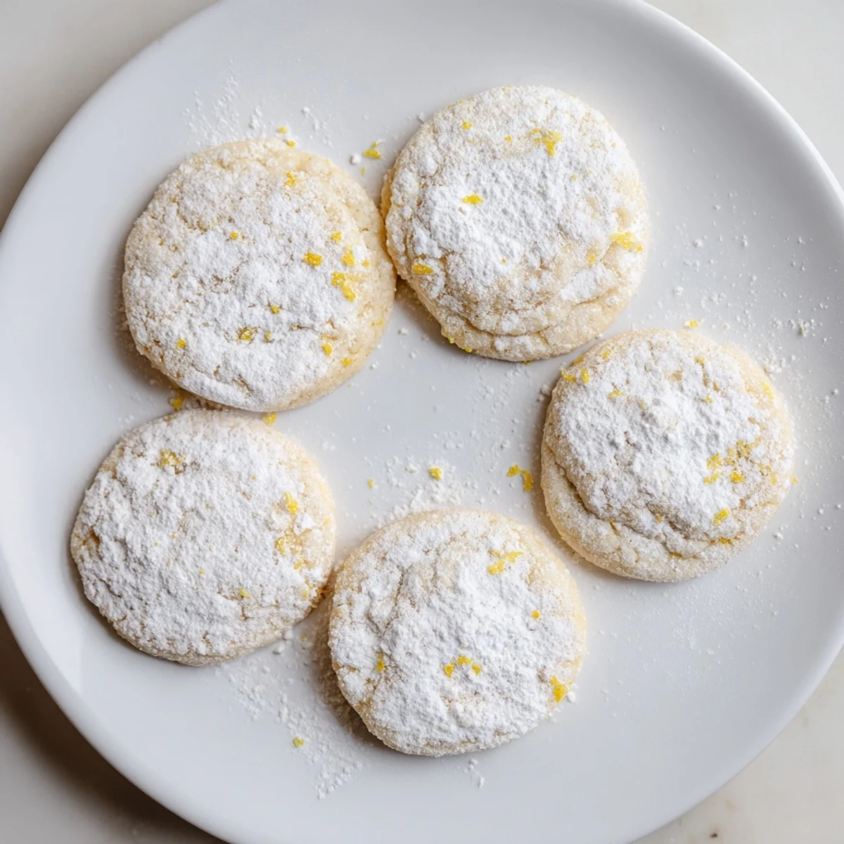 Plate of zesty soft chewy lemon cookies dusted with powdered sugar ready for tea