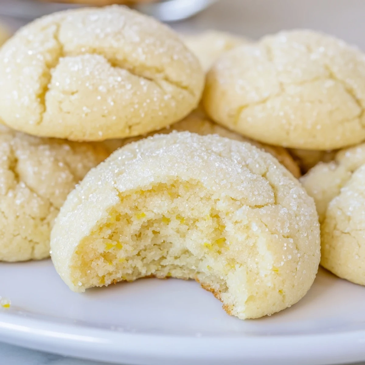 Soft Chewy Lemon Cookies arranged on parchment, glistening sugar, zesty aroma