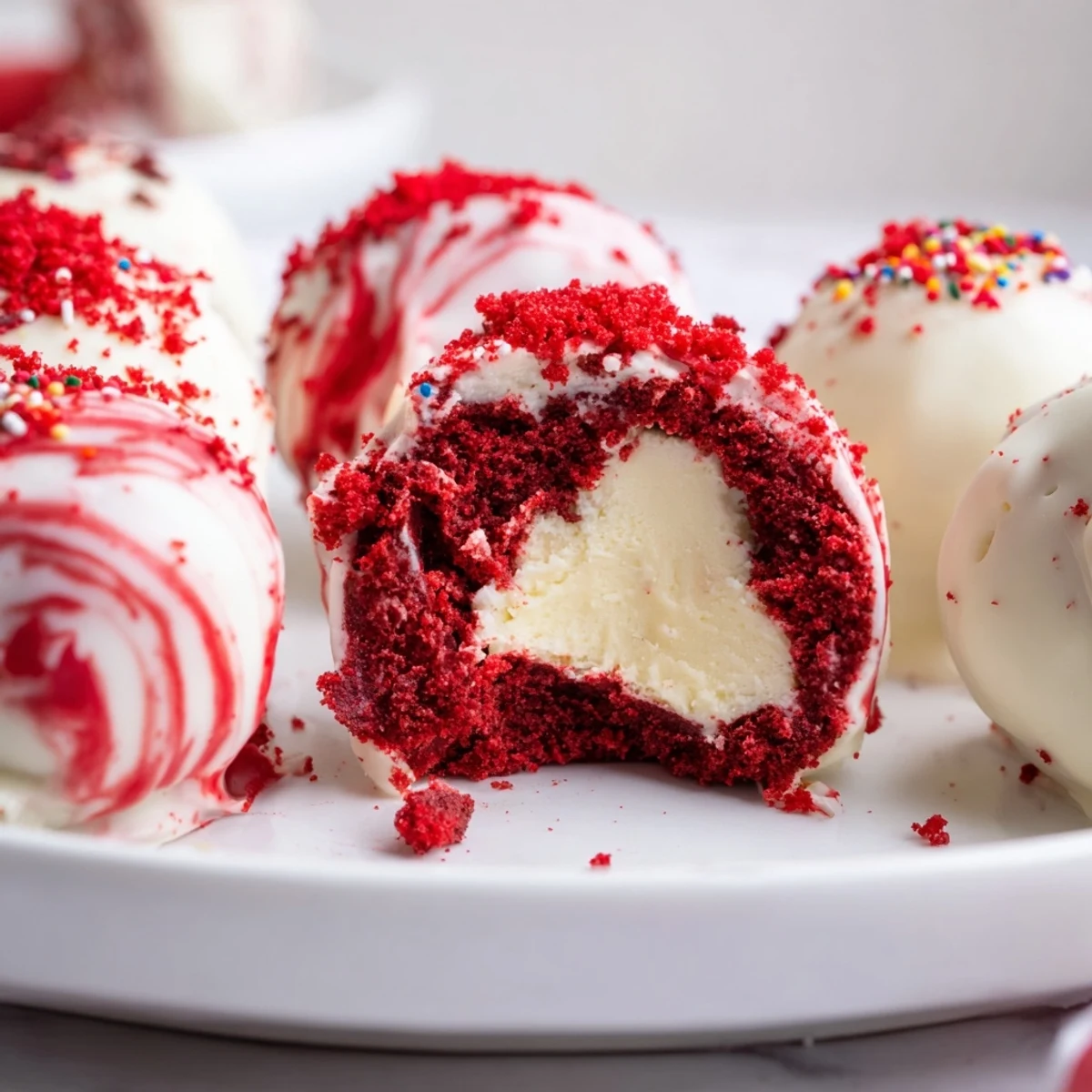 Red Velvet Cheesecake Balls arranged on parchment, glossy chocolate coating and crumbs.  