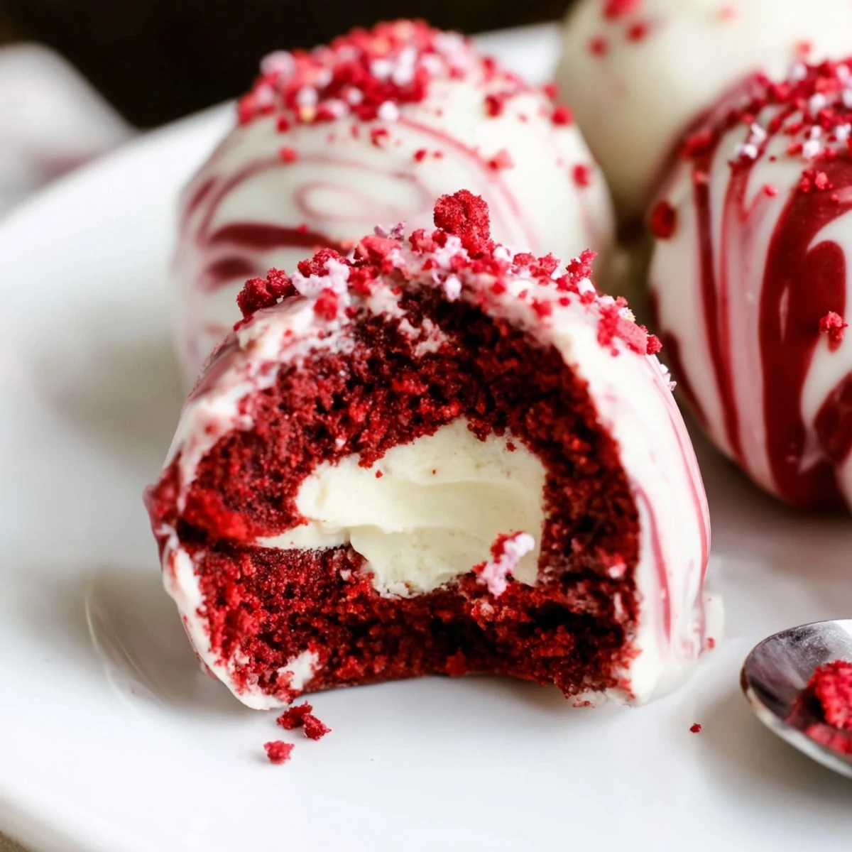 Handheld Red Velvet Cheesecake Balls with creamy center, sprinkled red crumbs.  
