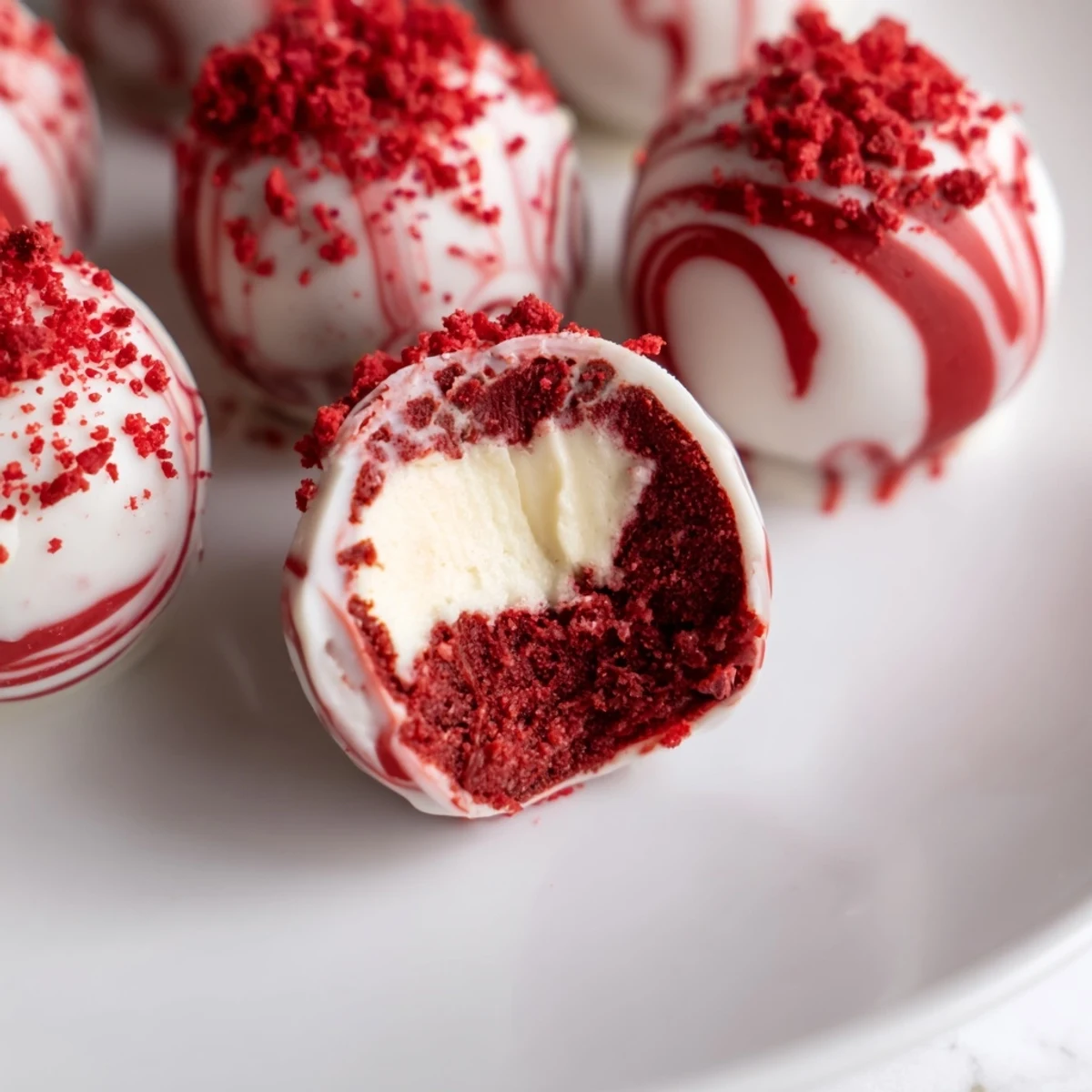 Close-up of Red Velvet Cheesecake Balls chilling on tray, rich velvety texture.