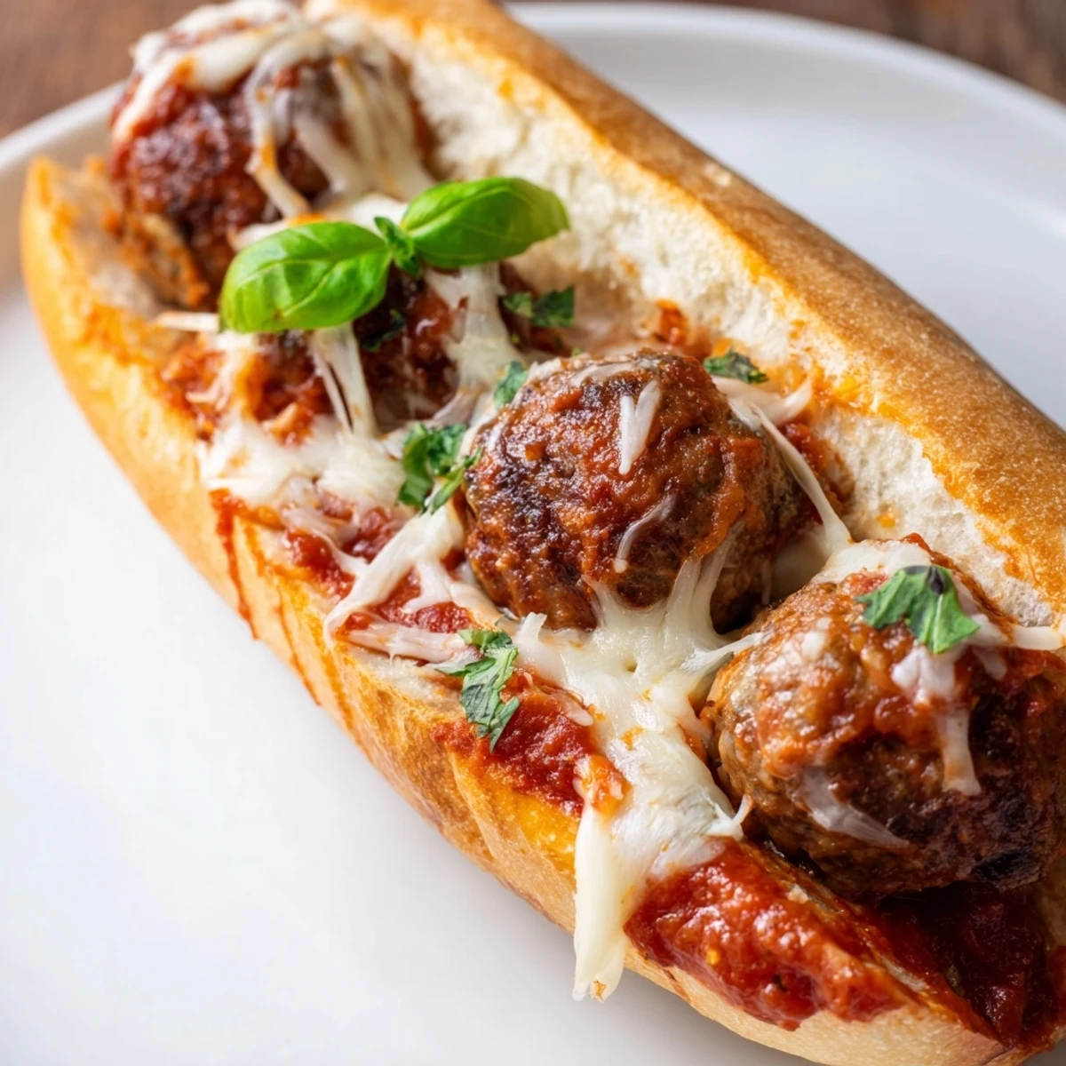 Oven-broiled Cheesy Meatball Subs oozing sauce, juicy beef meatballs, crisp edges.