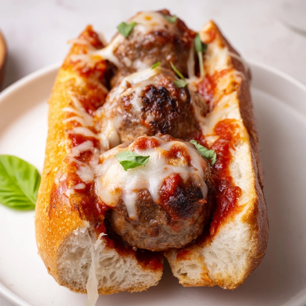 Cheesy Meatball Subs steaming with melted mozzarella, golden toasted rolls, basil garnish.