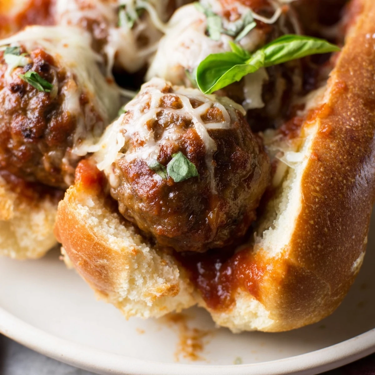 Family-style Cheesy Meatball Subs arranged on baking sheet, ready to serve.