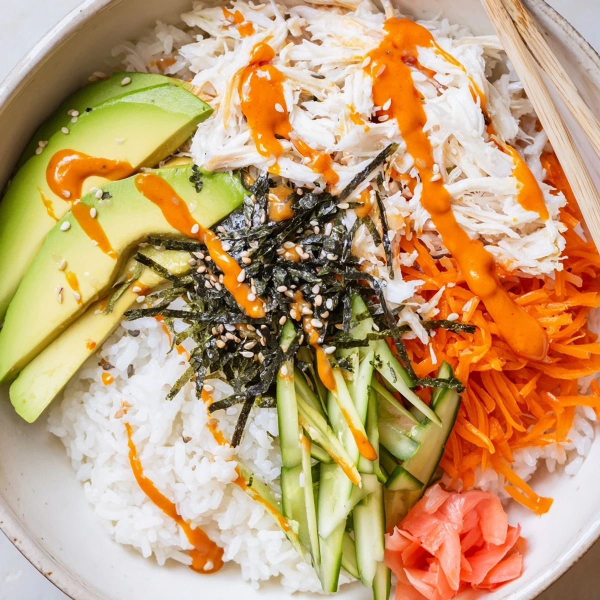 Deconstructed California Roll Sushi Bowls: warm seasoned rice, crisp cucumber, pickled ginger