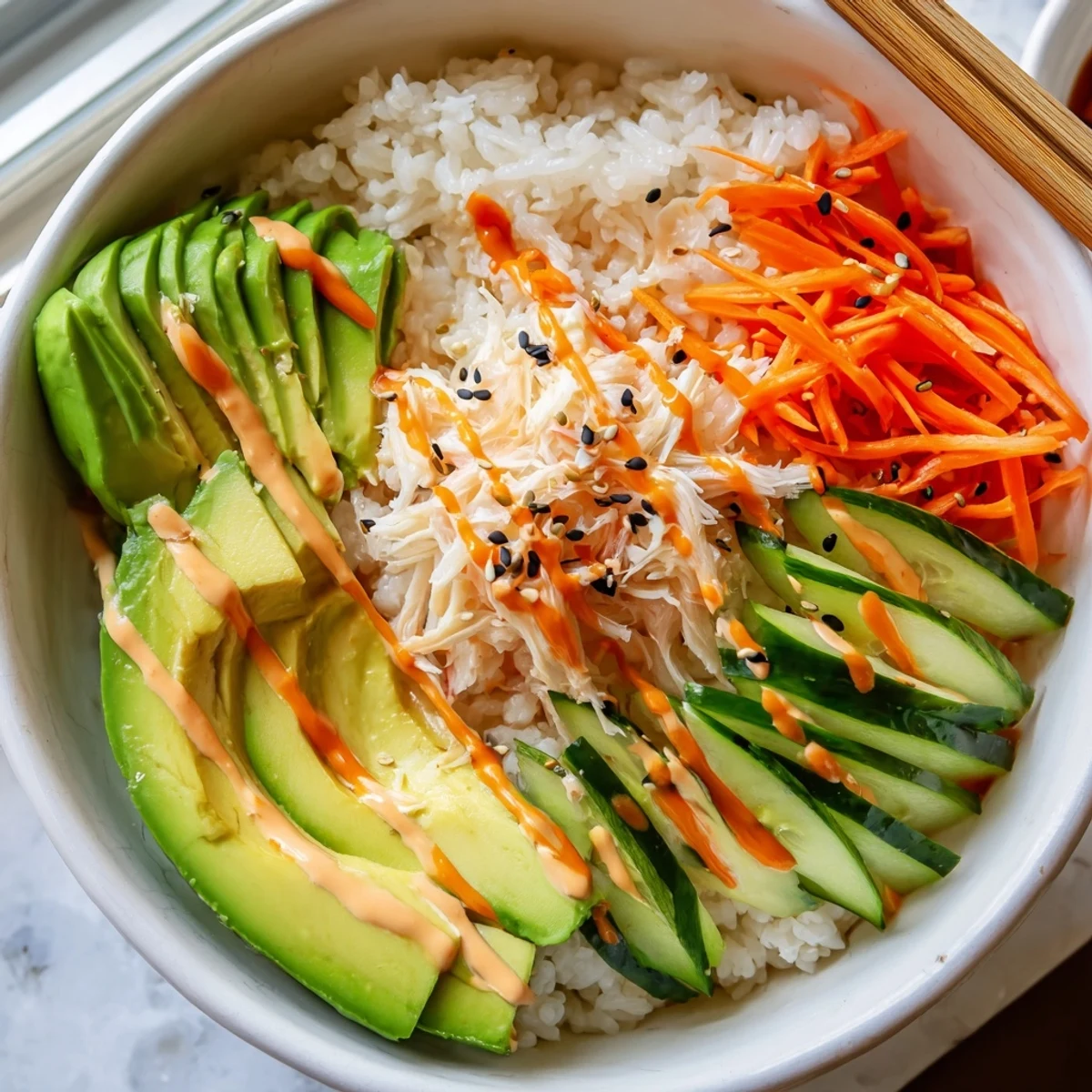 Weeknight California Roll Sushi Bowls served with spicy mayo, nori strips, soy sauce