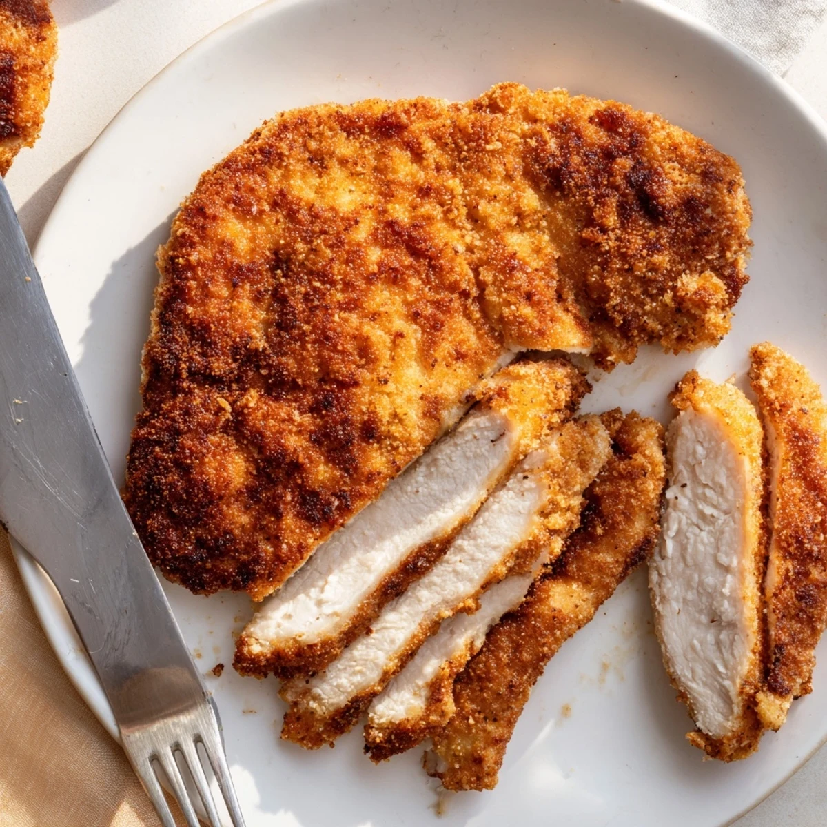 Fried Chicken Breast golden-crisp exterior, juicy interior plated with mashed potatoes.