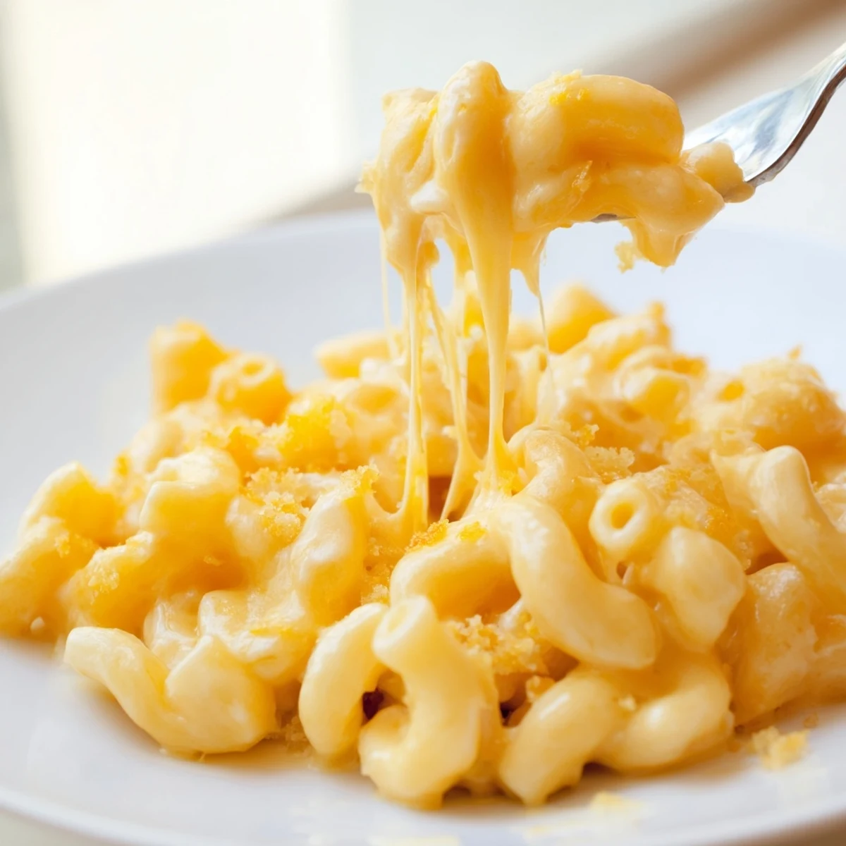 Creamy Mac And Cheese bubbling in a casserole dish, golden breadcrumb topping