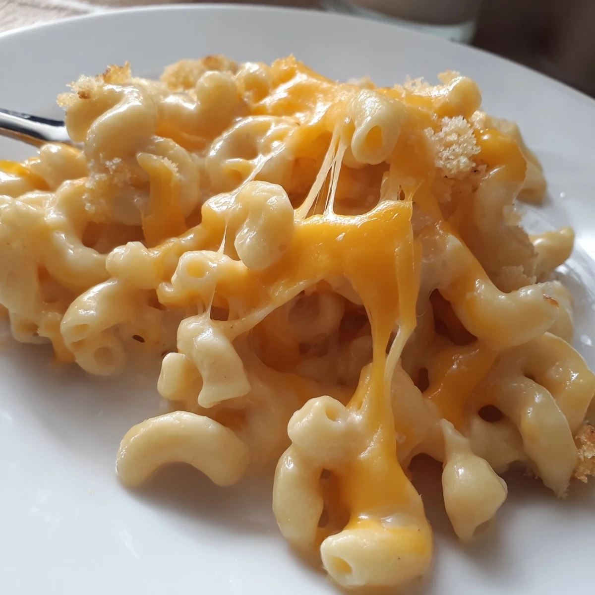 Velvety Mac And Cheese spooned onto plate, steam rising, sharp cheddar aroma