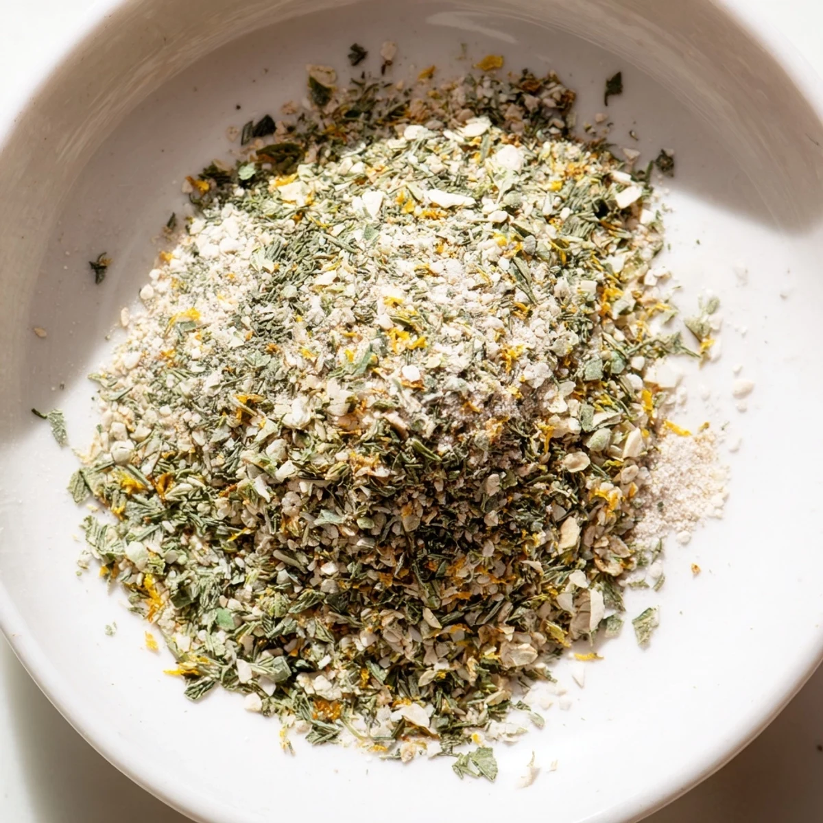 Rustic bowl of Dehydrated Tzatziki Seasoning Mix smelling lemony, garlicky