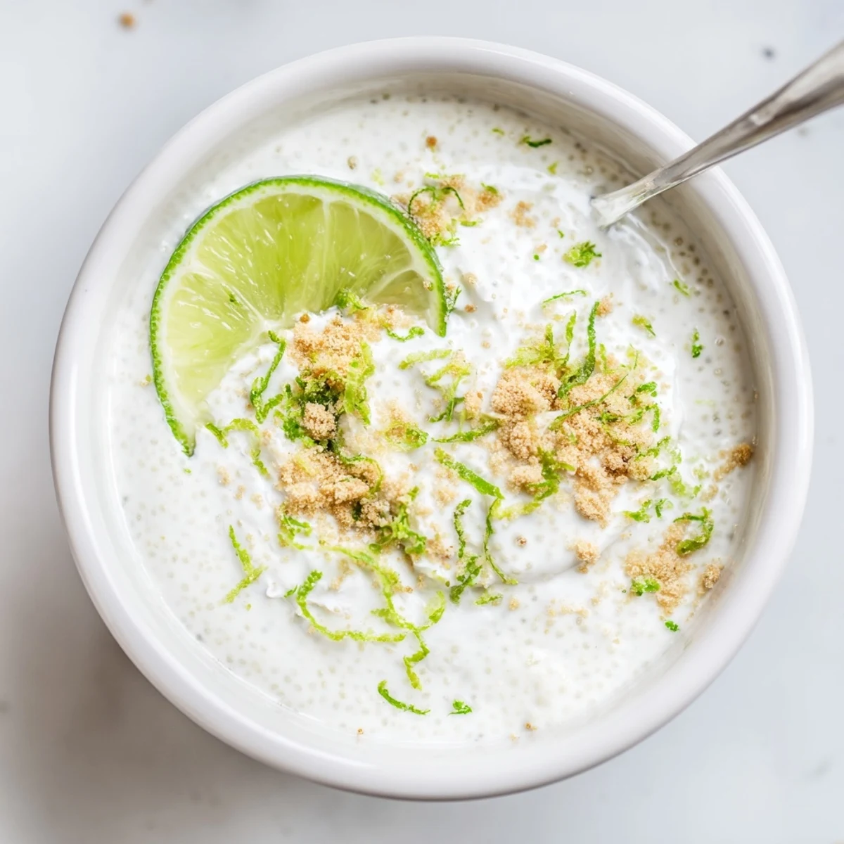 Creamy Key Lime Chia Pudding topped with crushed graham crackers and coconut  