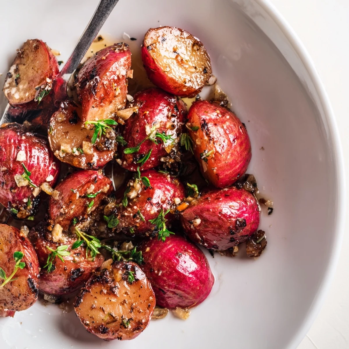 Golden oven warm Garlic Roasted Radishes steaming on a baking sheet sprinkled with parsley