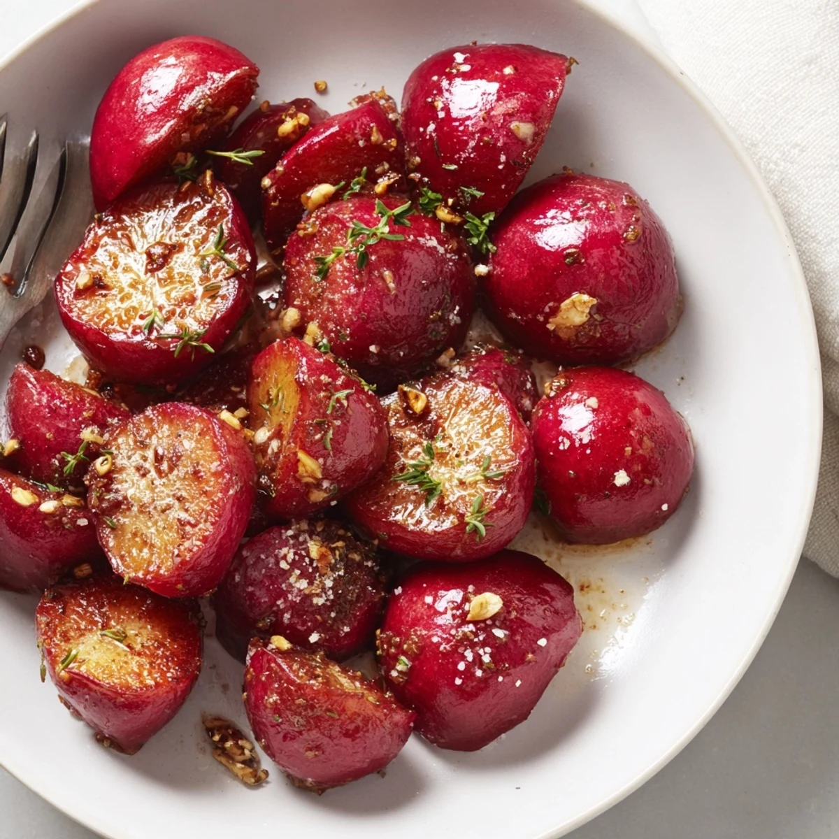 Fork tender Garlic Roasted Radishes tossed in olive oil and fragrant thyme