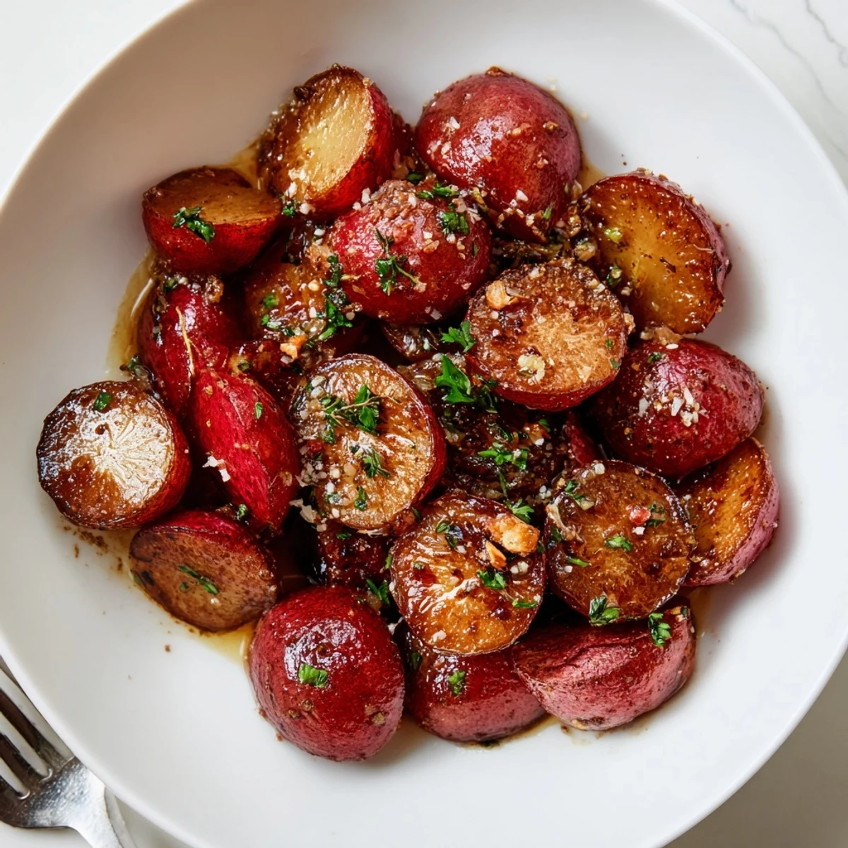 Warm Garlic Roasted Radishes offering mellow sweetness and a crisp tender bite
