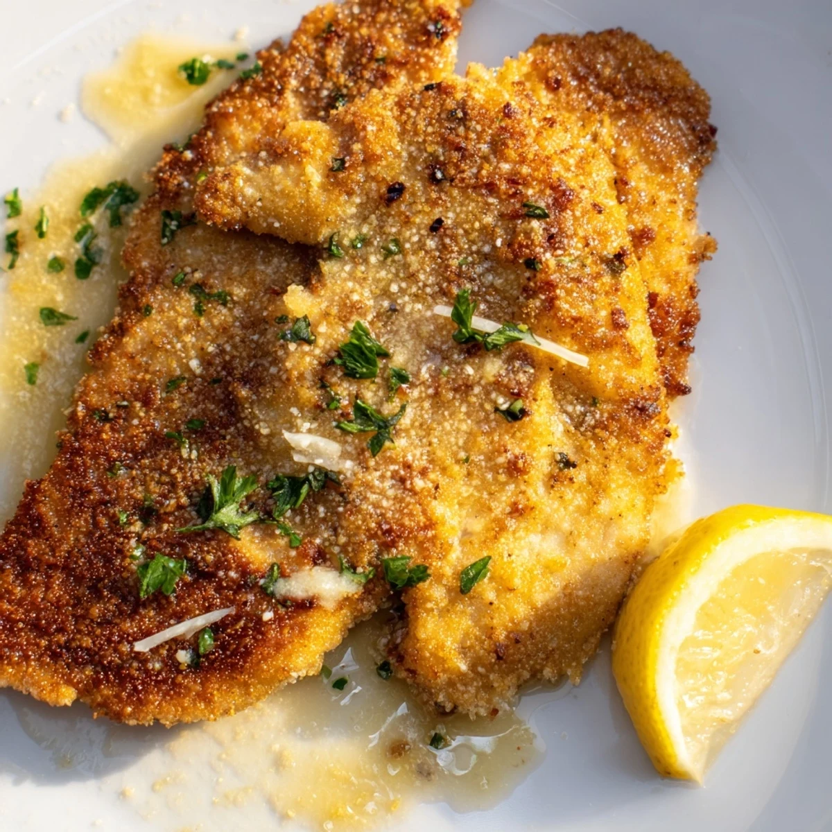 Lemon Chicken Romano with golden cheese crust and glistening lemon-butter sauce