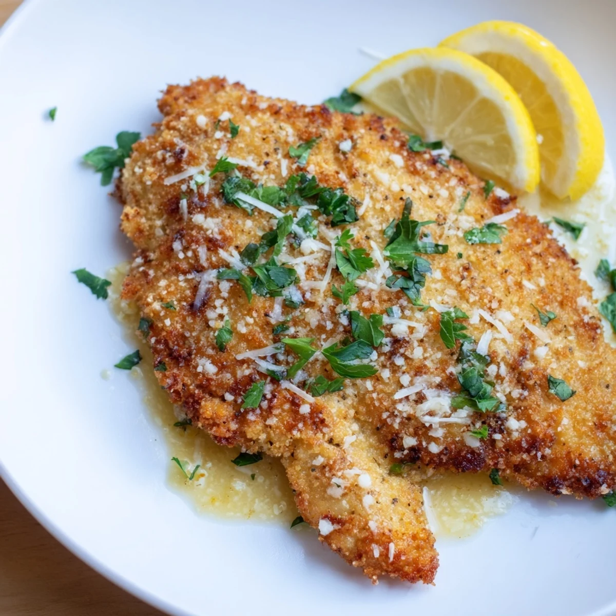 Pan-fried Lemon Chicken Romano plated over angel hair pasta, bright parsley garnish