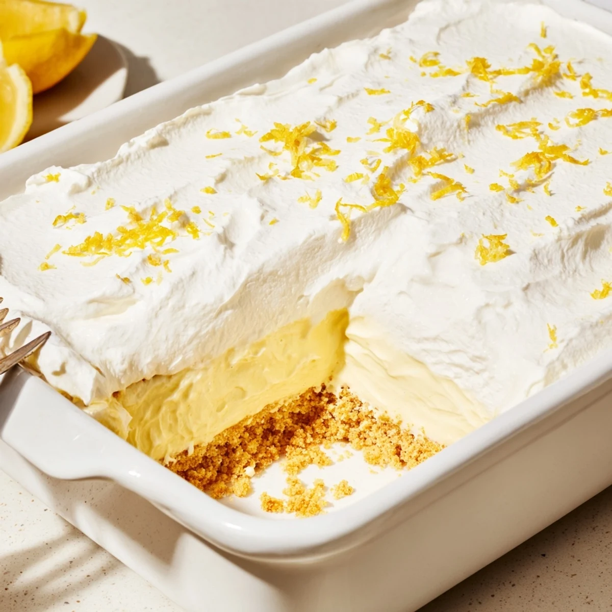 Lemon Lush Cake with creamy lemon layer and fluffy whipped topping