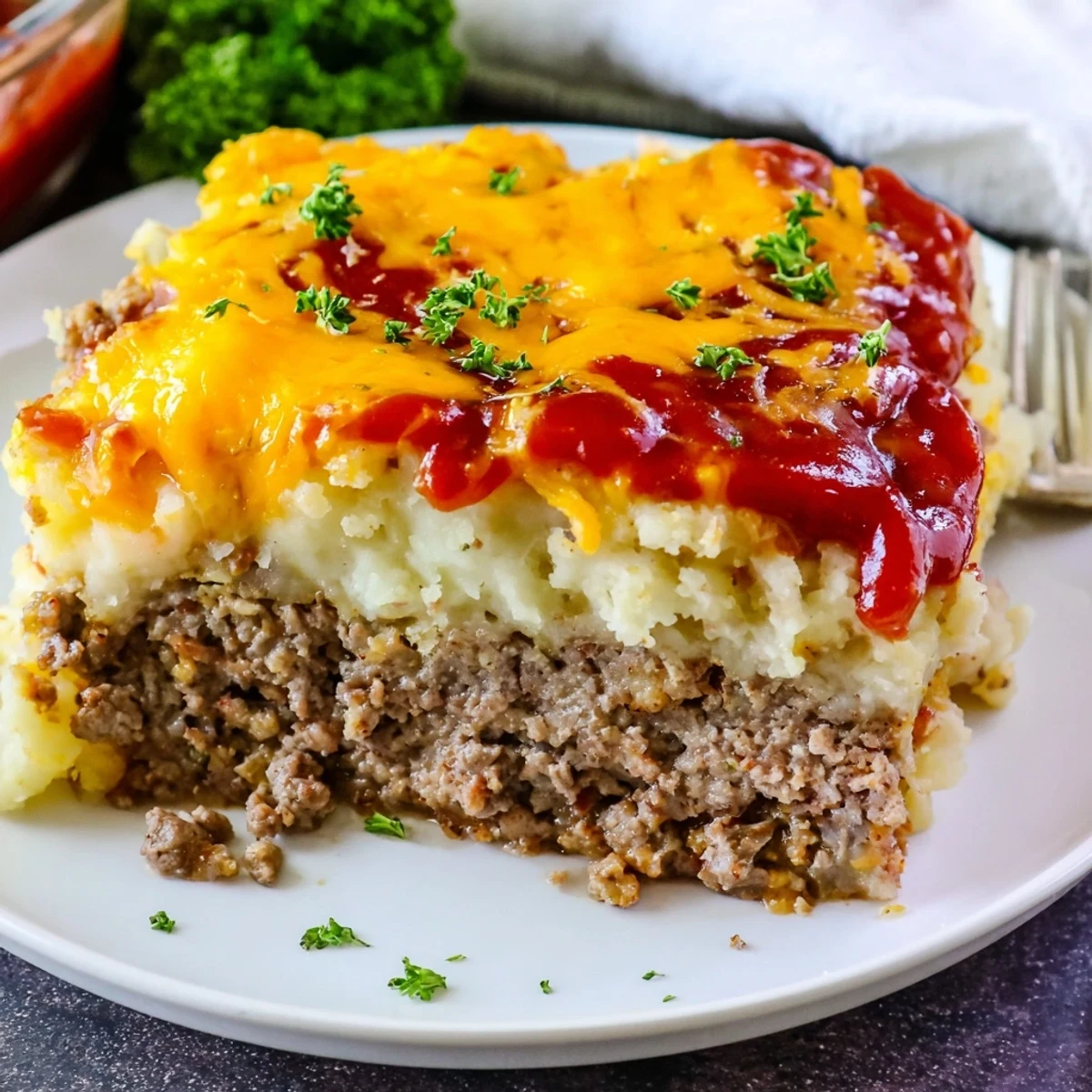 Meatloaf Casserole with golden melted cheddar, steaming, ready for family dinner.