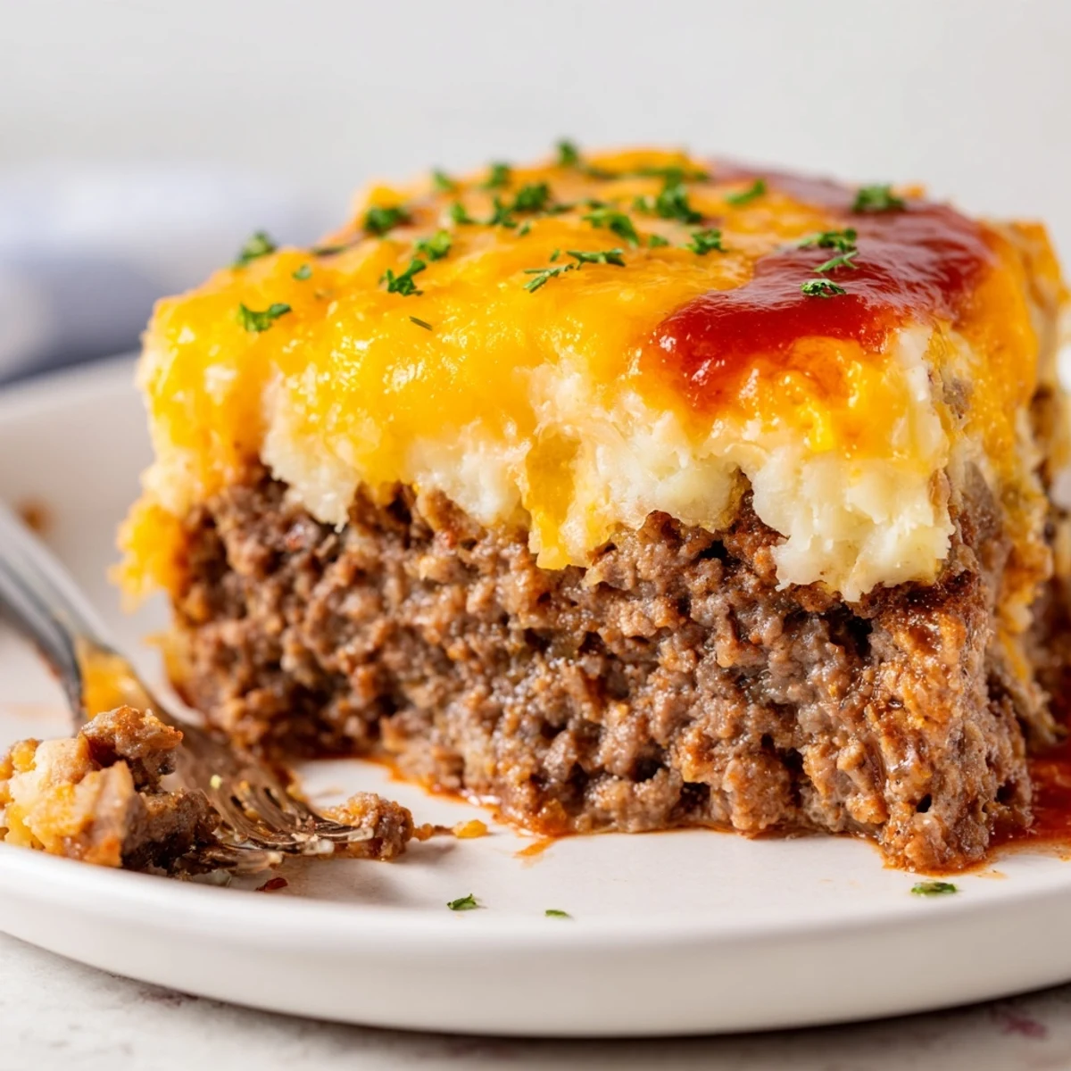 Thick slice of Meatloaf Casserole on white plate, creamy mashed potatoes and parsley.