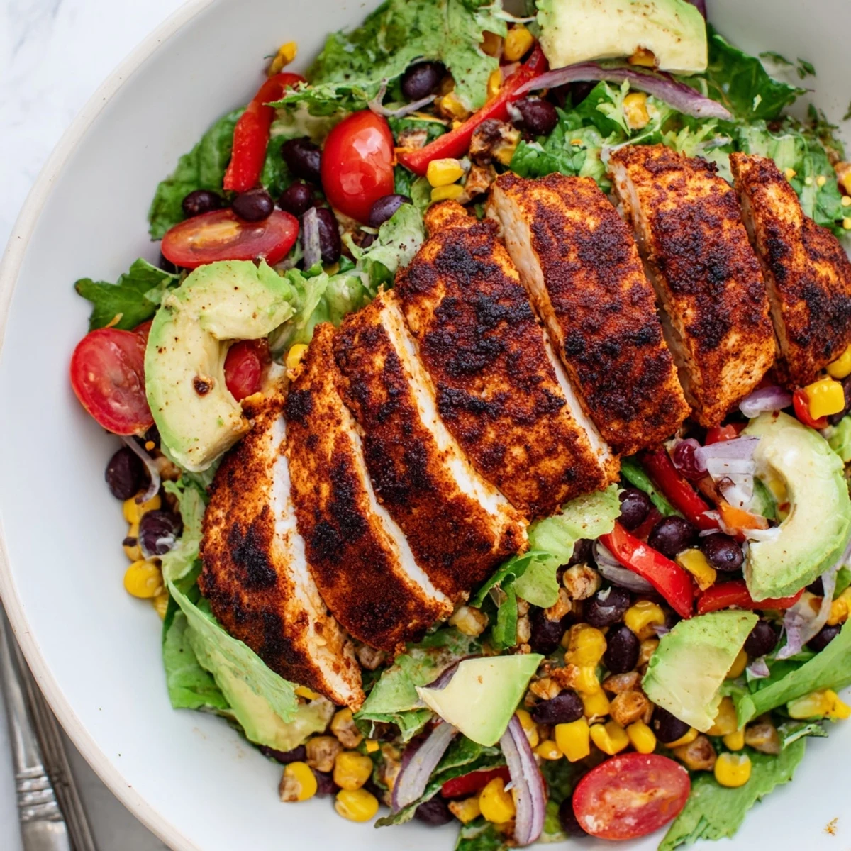 Southwestern Chicken Salad with juicy grilled chicken, roasted corn, avocado slices