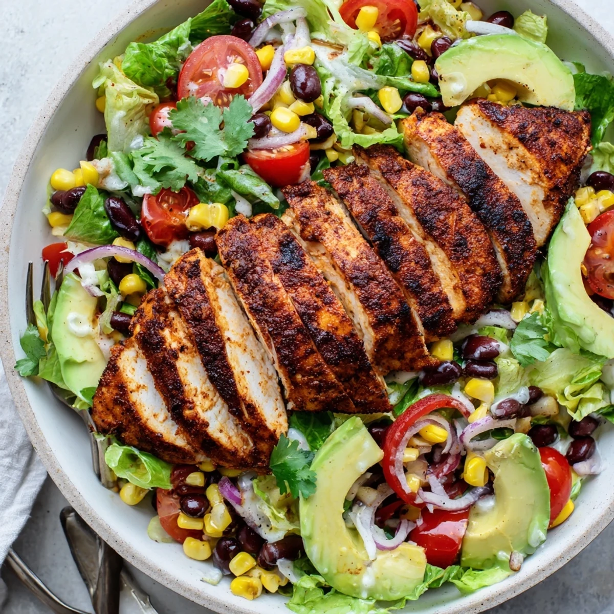 Serve this Southwestern Chicken Salad warm with sliced chicken, black beans, cheddar