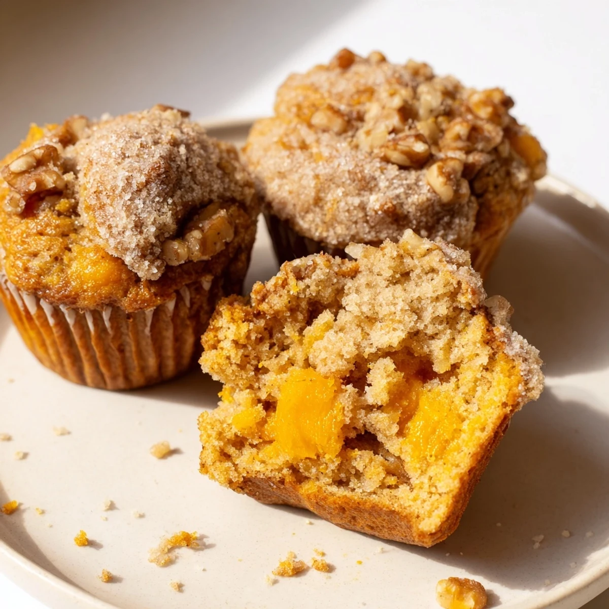 A stack of Butternut Squash Banana Muffins beside roasted squash and bananas