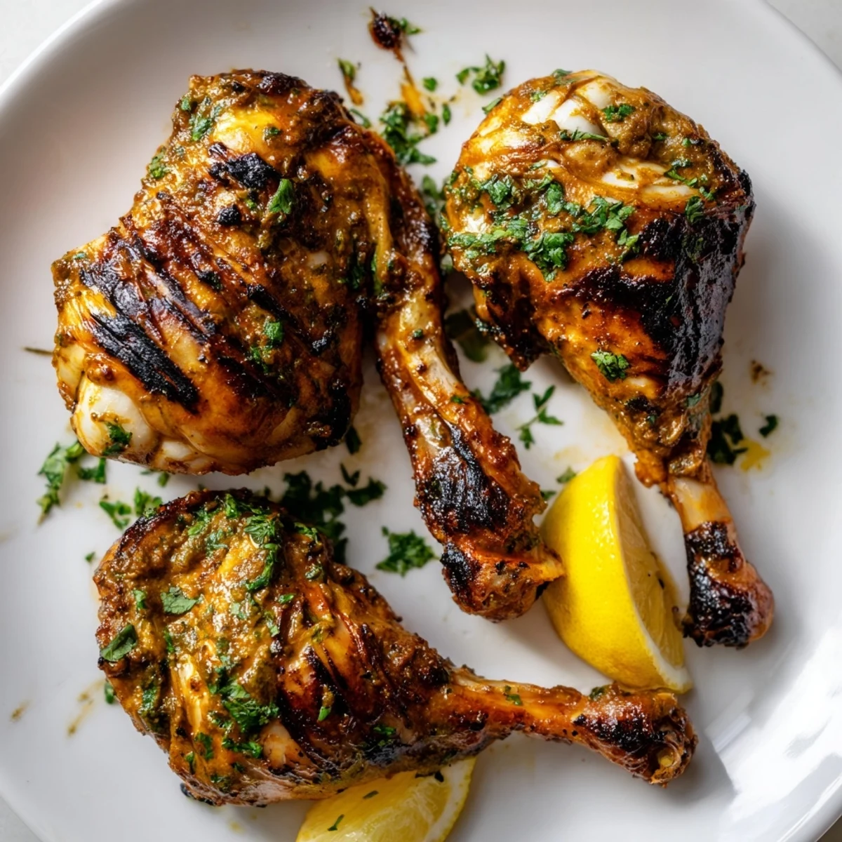 Tandoori Chicken sizzling with charred edges, garnished with cilantro and lemon
