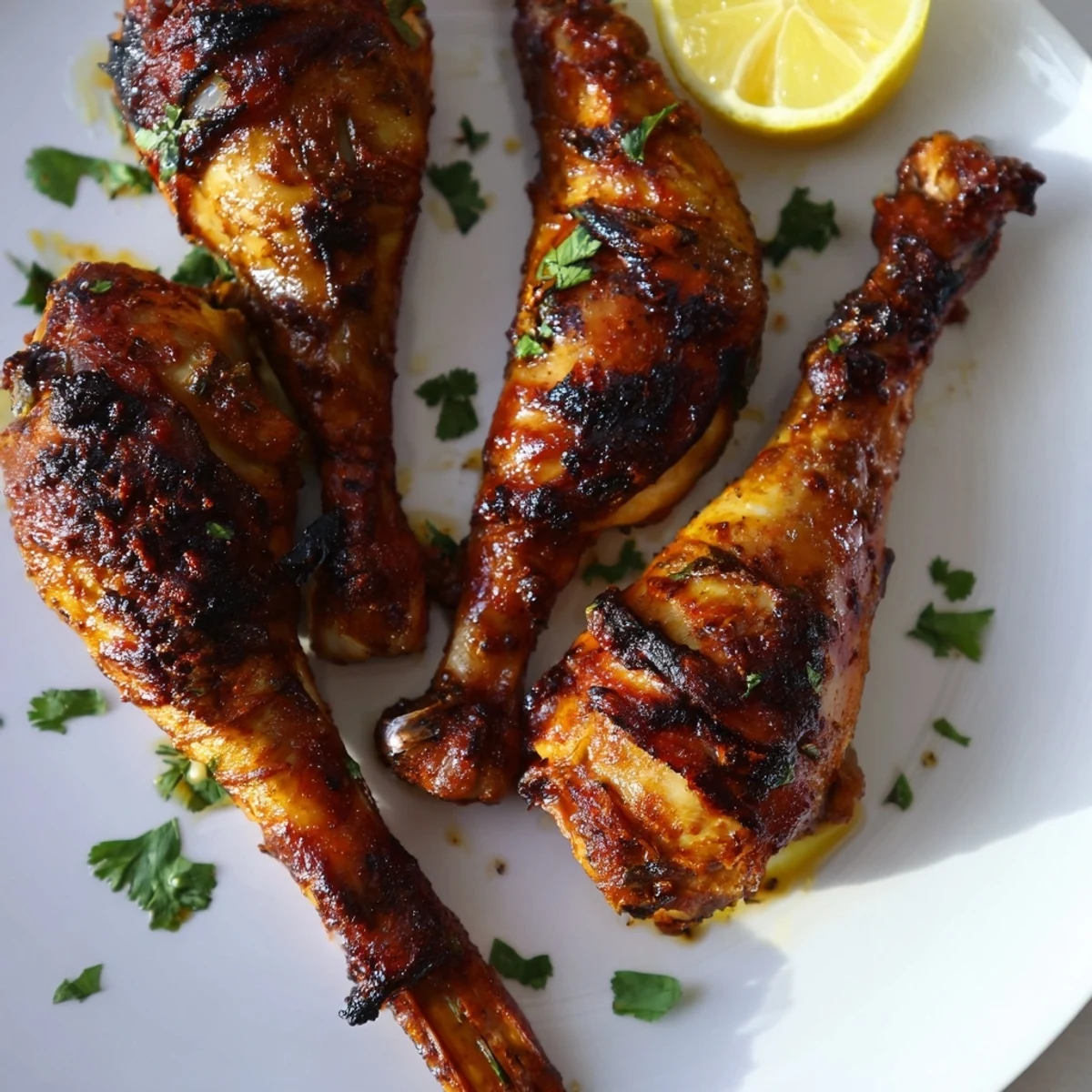 Grilled Tandoori Chicken resting on a rack, smoky aroma, lemon wedges nearby