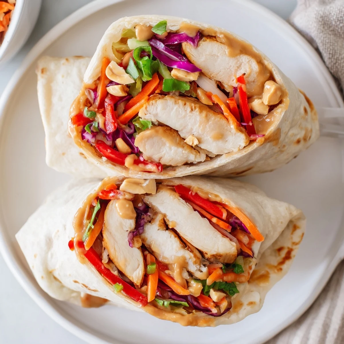 Warm Thai Peanut Chicken Wraps sliced in half, crunchy cabbage and peanuts