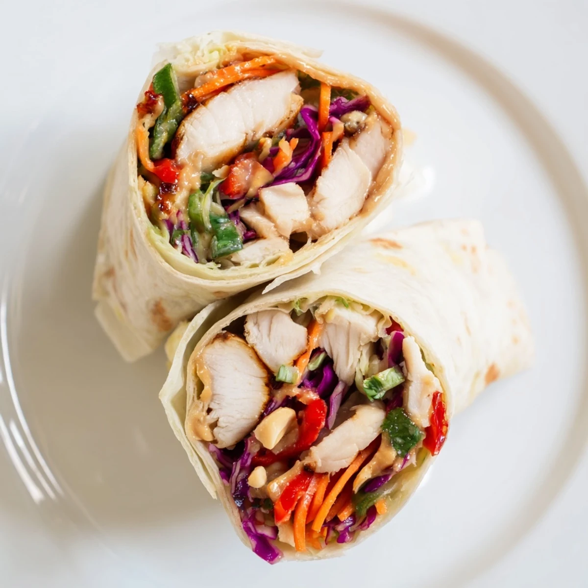 Thai Peanut Chicken Wraps with tender chicken, creamy sauce, crisp colorful vegetables