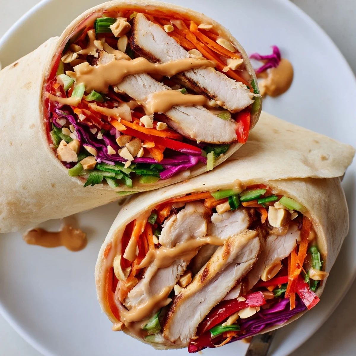 Quick Thai Peanut Chicken Wraps served with lime wedge, aromatic cilantro garnish