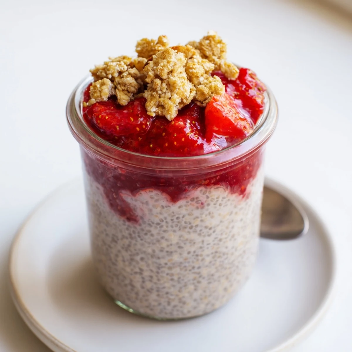 Creamy Strawberry Crumble Chia Pudding layered with juicy berries and crunchy oats