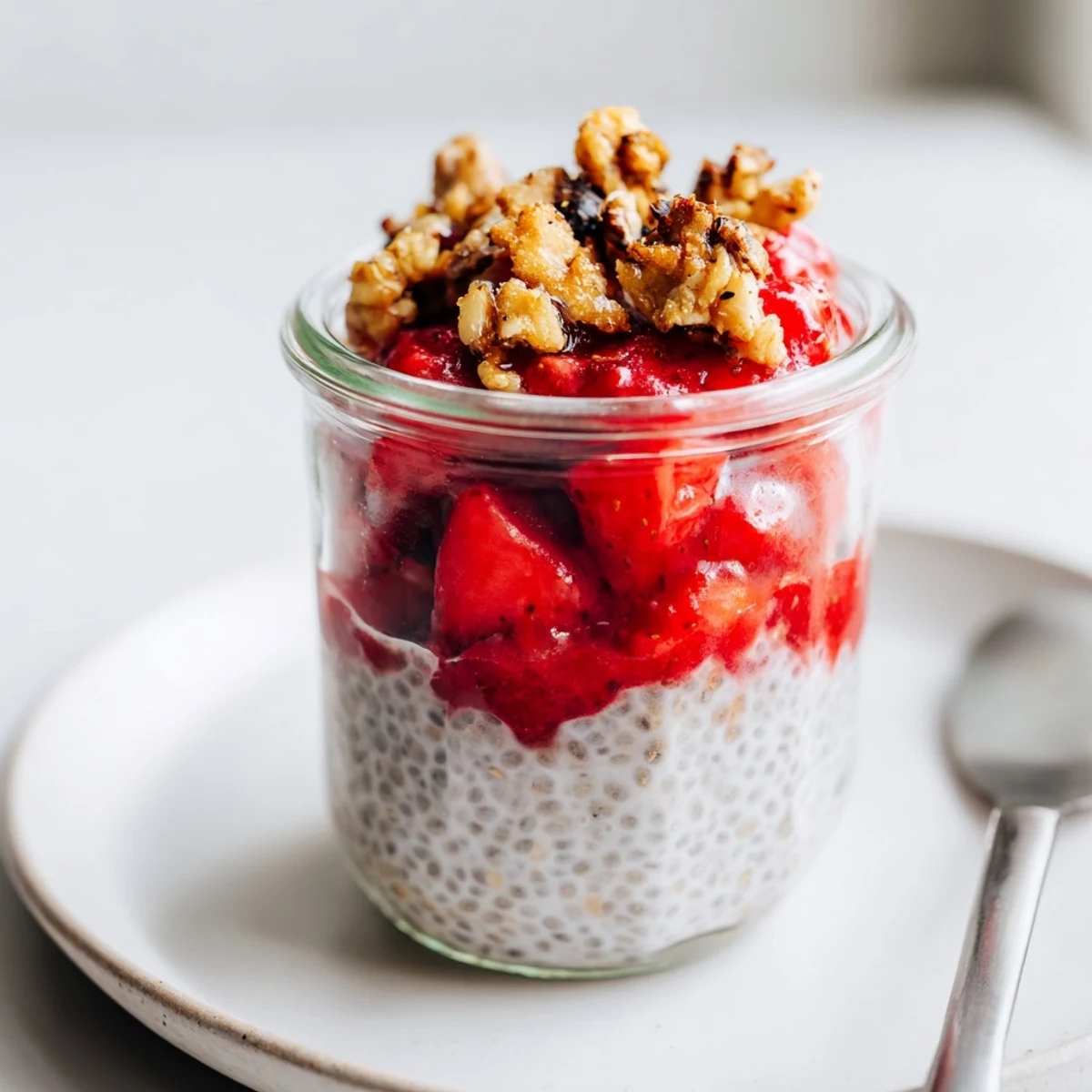 Strawberry Crumble Chia Pudding served chilled for breakfast with fresh mint