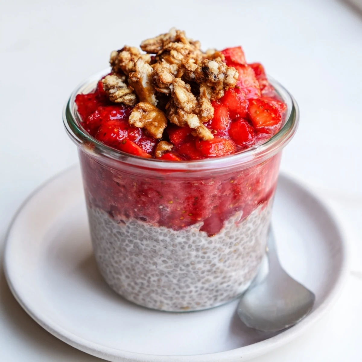 Glass jar of Strawberry Crumble Chia Pudding topped with golden toasted crumble