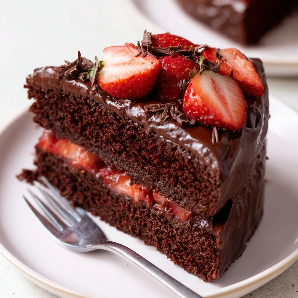 Strawberry Chocolate Cake with glossy ganache, sliced strawberries and chocolate shavings.