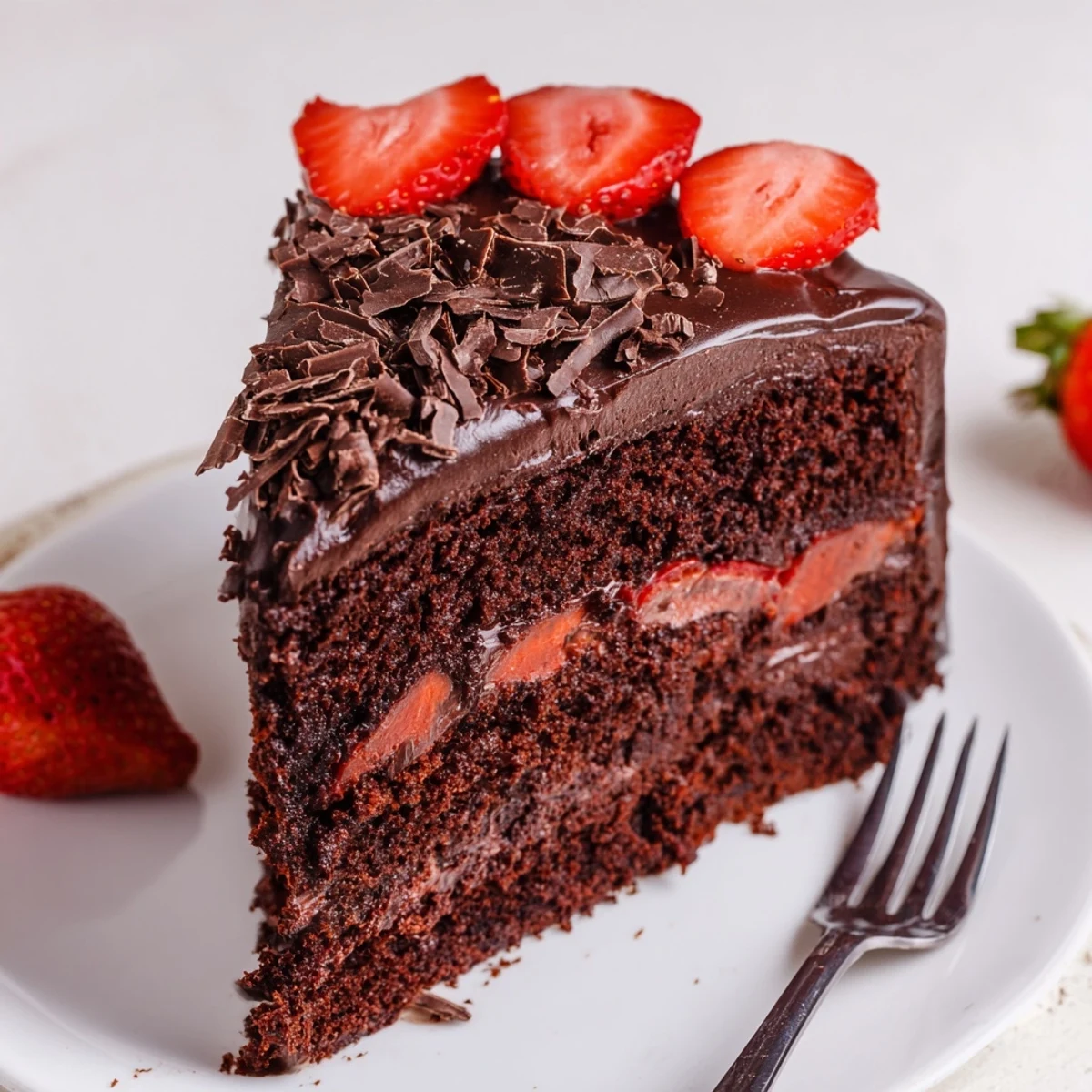 Moist Strawberry Chocolate Cake layered with fresh strawberries, chilled for cleaner slices.